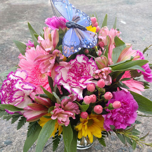 “Glory and Grace”<br />
Capturing the glory and grace of carnations, alstomeria, and gerbera daisy. $45.